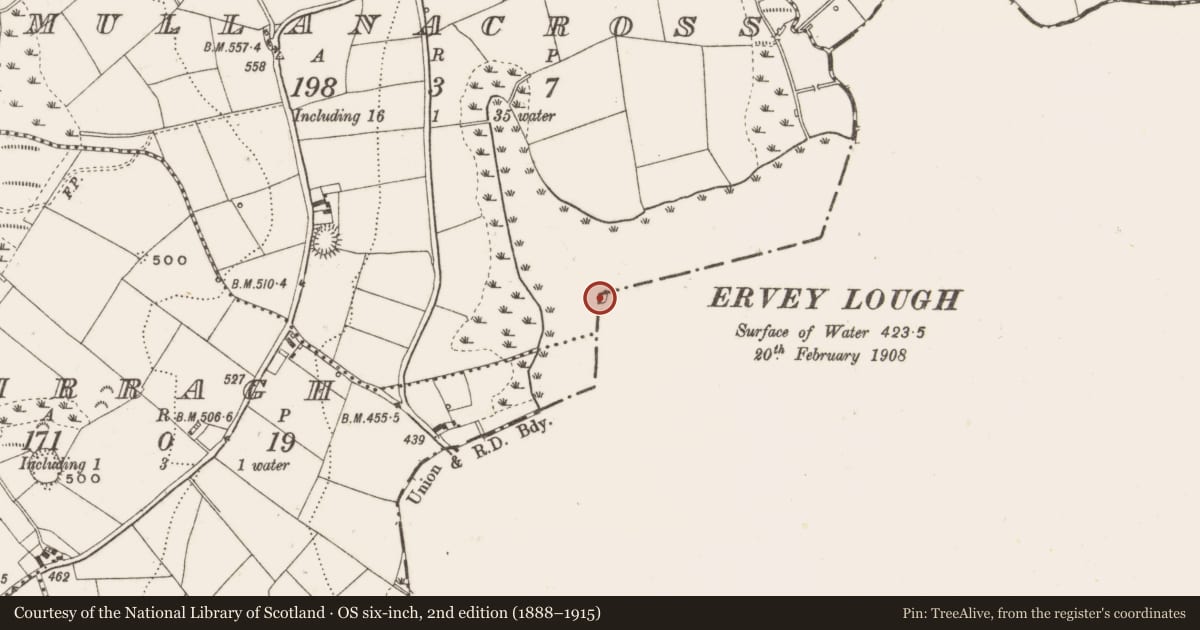 Ordnance Survey six-inch map, 2nd edition (1888–1915) covering the location of Crannog, Mullanacross, County Cavan, with a pin at the register's coordinates