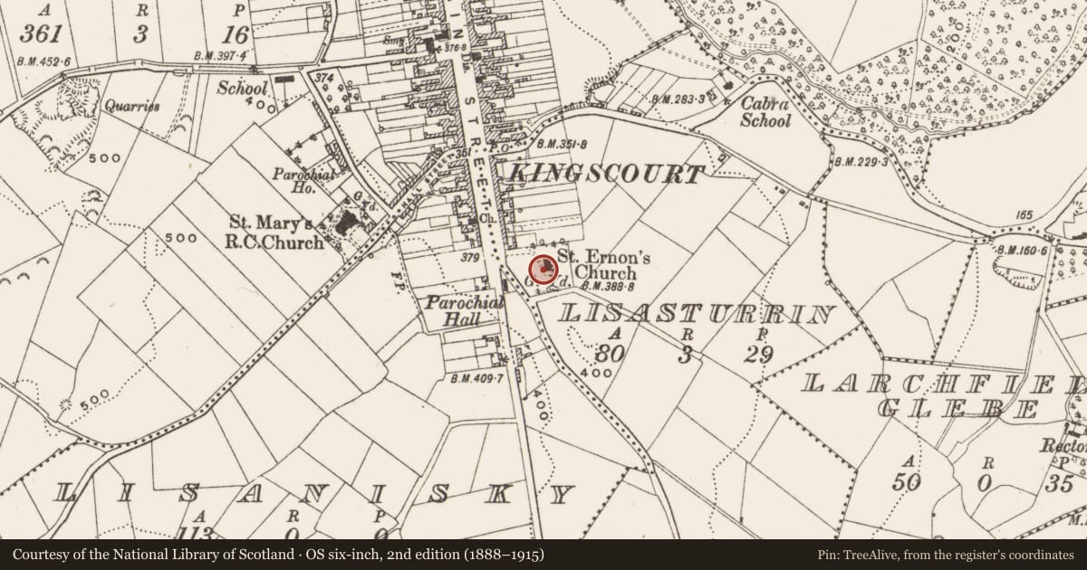 Ordnance Survey six-inch map, 2nd edition (1888–1915) covering the location of Font (present location), Lisasturrin, County Cavan, with a pin at the register's coordinates