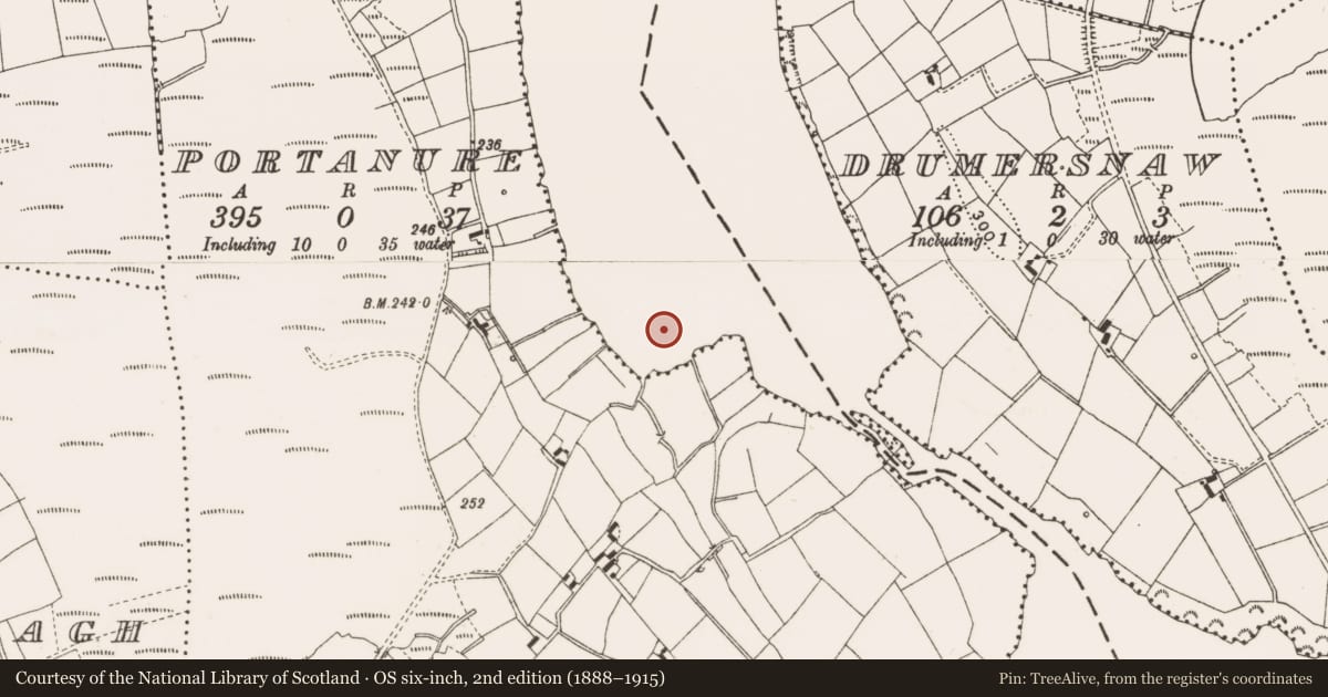 Ordnance Survey six-inch map, 2nd edition (1888–1915) covering the location of Crannog, Portanure, County Cavan, with a pin at the register's coordinates