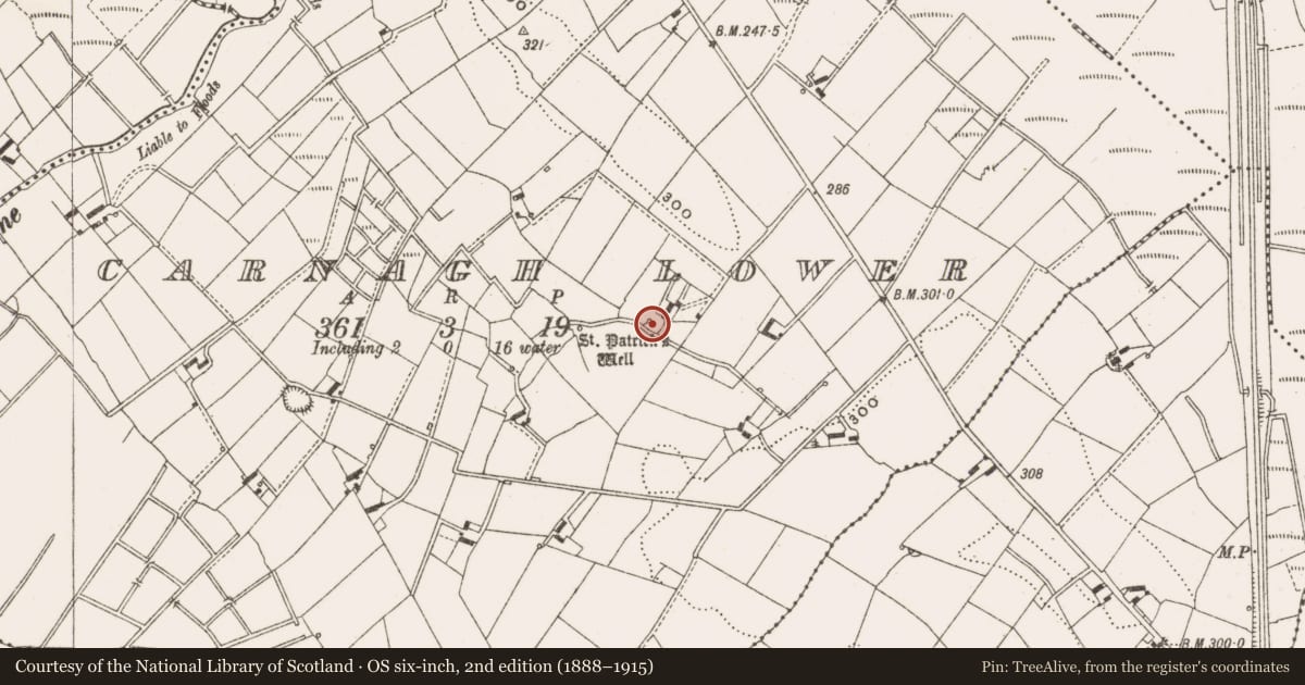 Ordnance Survey six-inch map, 2nd edition (1888–1915) covering the location of Ritual site - holy well, Carnagh Lower, County Cavan, with a pin at the register's coordinates