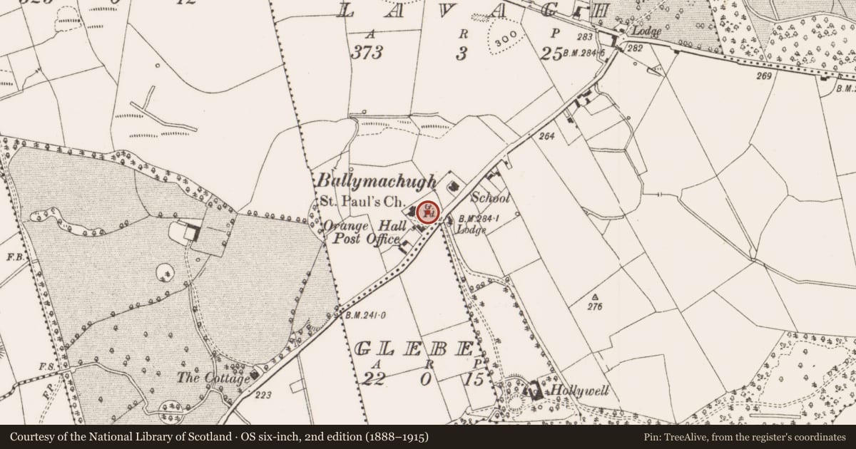 Ordnance Survey six-inch map, 2nd edition (1888–1915) covering the location of Graveyard, Lavagh, County Cavan, with a pin at the register's coordinates