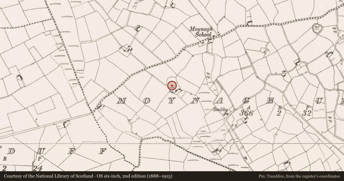 Ordnance Survey six-inch map, 2nd edition (1888–1915) covering the location of Ringfort - rath, Moynagh Upper, County Cavan, with a pin at the register's coordinates