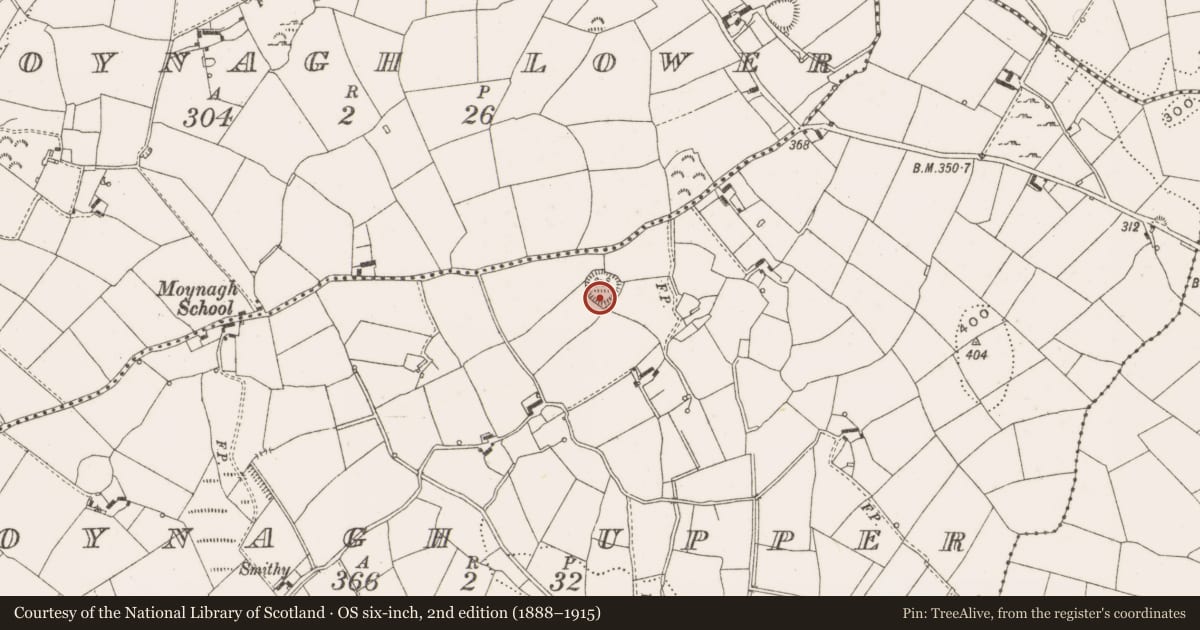 Ordnance Survey six-inch map, 2nd edition (1888–1915) covering the location of Ringfort - rath, Moynagh Upper, County Cavan, with a pin at the register's coordinates