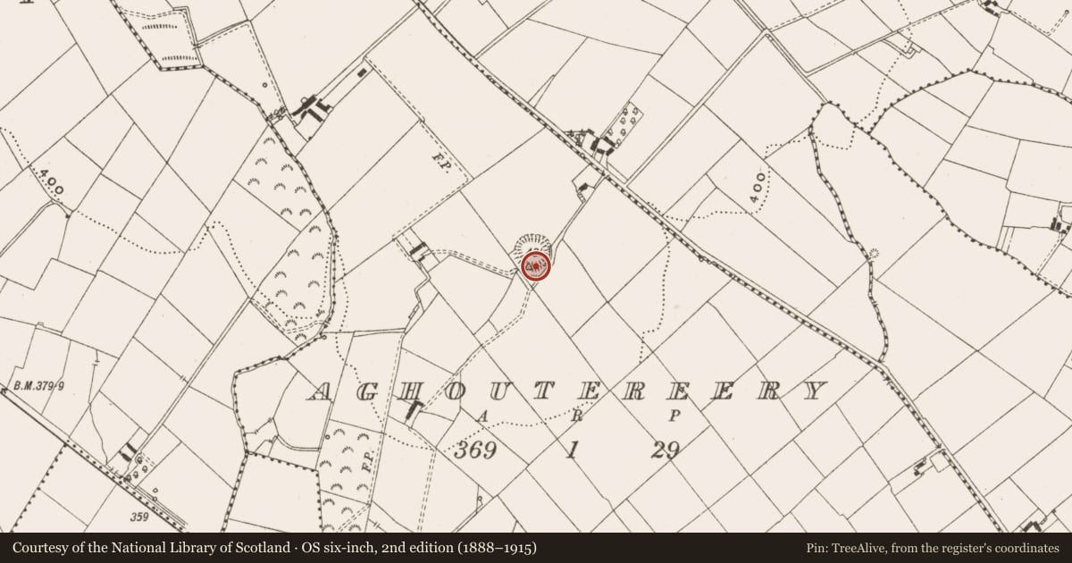 Ordnance Survey six-inch map, 2nd edition (1888–1915) covering the location of Ringfort - rath, Aghoutereery, County Cavan, with a pin at the register's coordinates