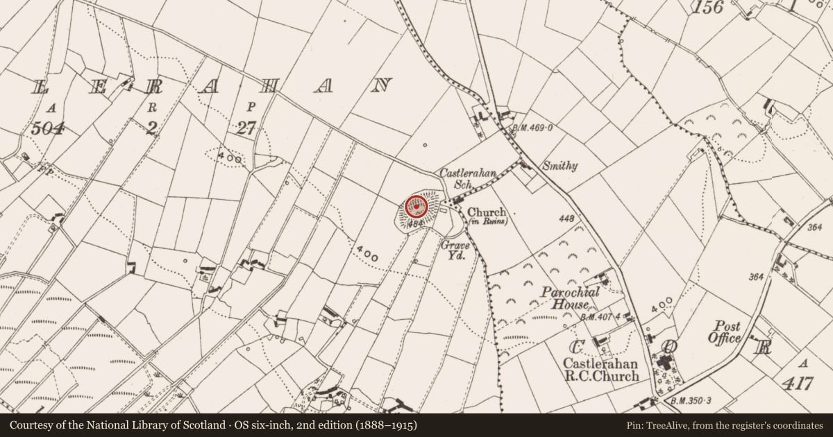 Ordnance Survey six-inch map, 2nd edition (1888–1915) covering the location of Castle - ringwork, Castlerahan, County Cavan, with a pin at the register's coordinates