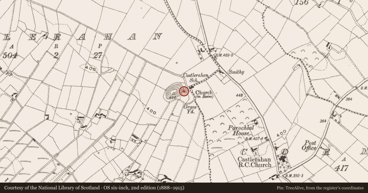 Ordnance Survey six-inch map, 2nd edition (1888–1915) covering the location of Church, Castlerahan, County Cavan, with a pin at the register's coordinates