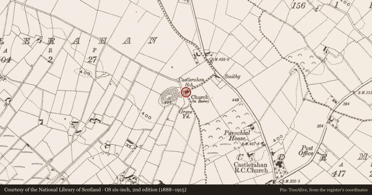 Ordnance Survey six-inch map, 2nd edition (1888–1915) covering the location of Church, Castlerahan, County Cavan, with a pin at the register's coordinates