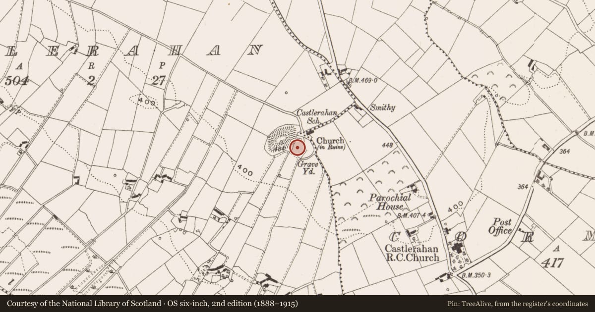 Ordnance Survey six-inch map, 2nd edition (1888–1915) covering the location of Graveyard, Castlerahan, County Cavan, with a pin at the register's coordinates