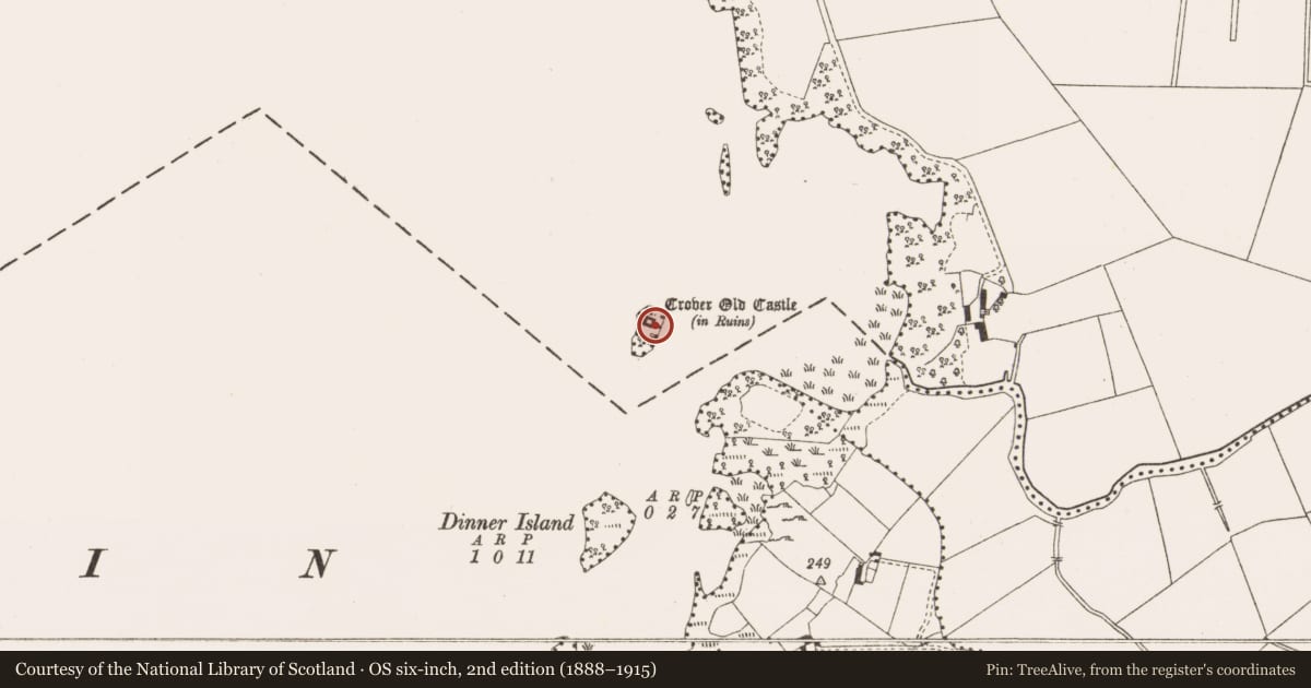 Ordnance Survey six-inch map, 2nd edition (1888–1915) covering the location of Castle - tower house, Crover, County Cavan, with a pin at the register's coordinates