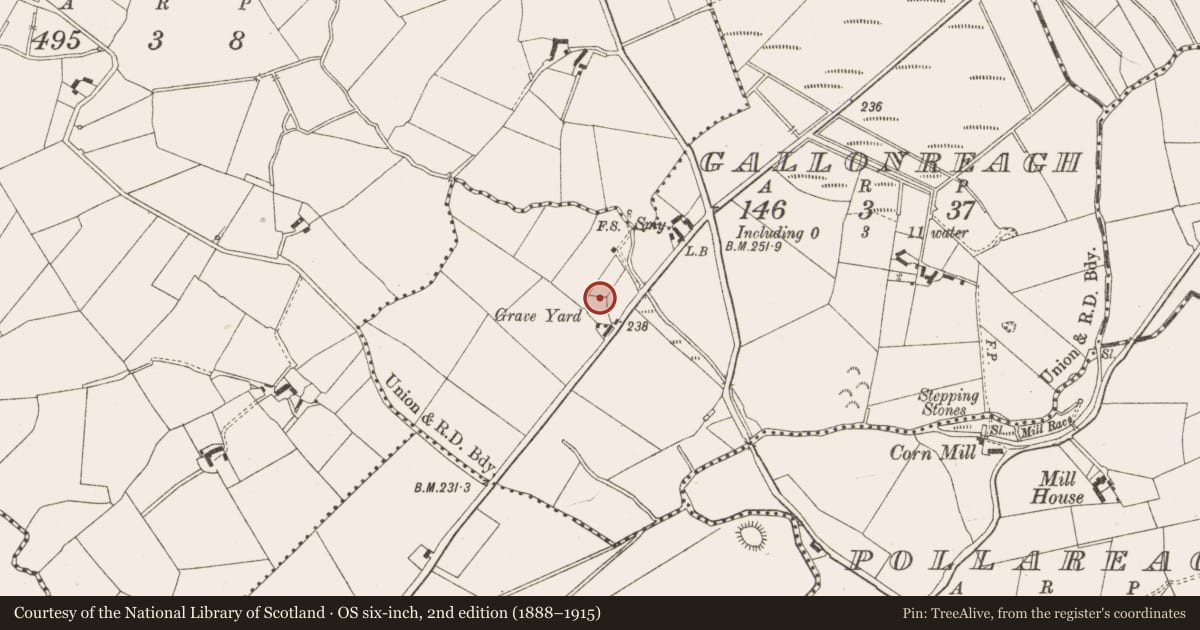 Ordnance Survey six-inch map, 2nd edition (1888–1915) covering the location of Church, Gallonreagh, County Cavan, with a pin at the register's coordinates