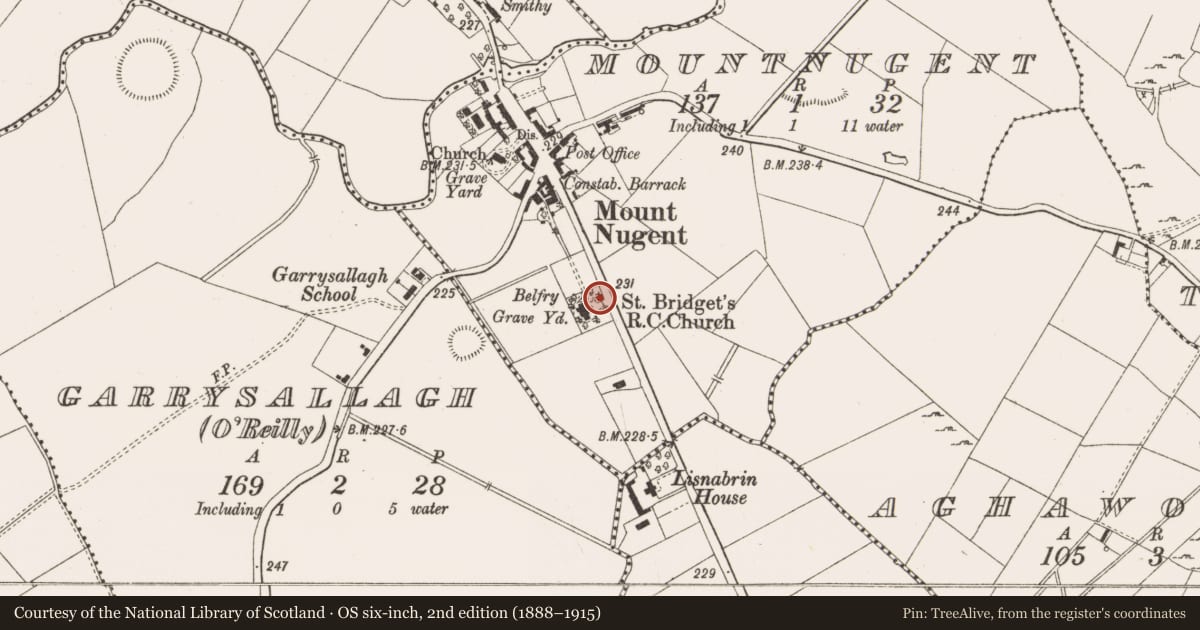 Ordnance Survey six-inch map, 2nd edition (1888–1915) covering the location of Architectural fragment, Mountnugent, County Cavan, with a pin at the register's coordinates