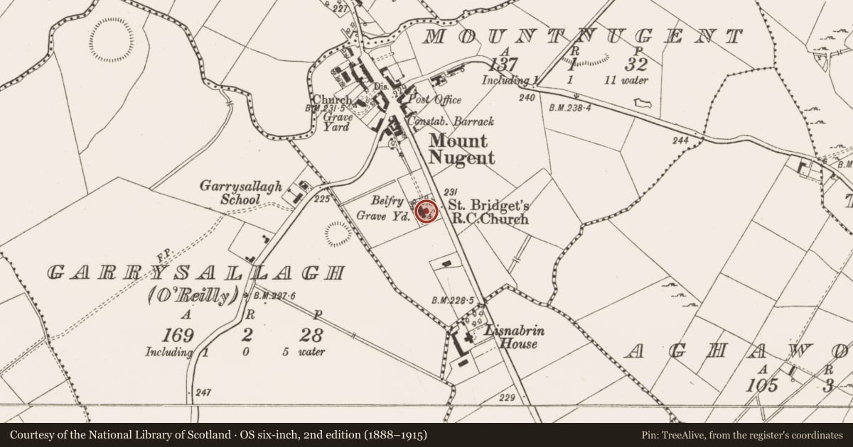 Ordnance Survey six-inch map, 2nd edition (1888–1915) covering the location of Church, Mountnugent, County Cavan, with a pin at the register's coordinates