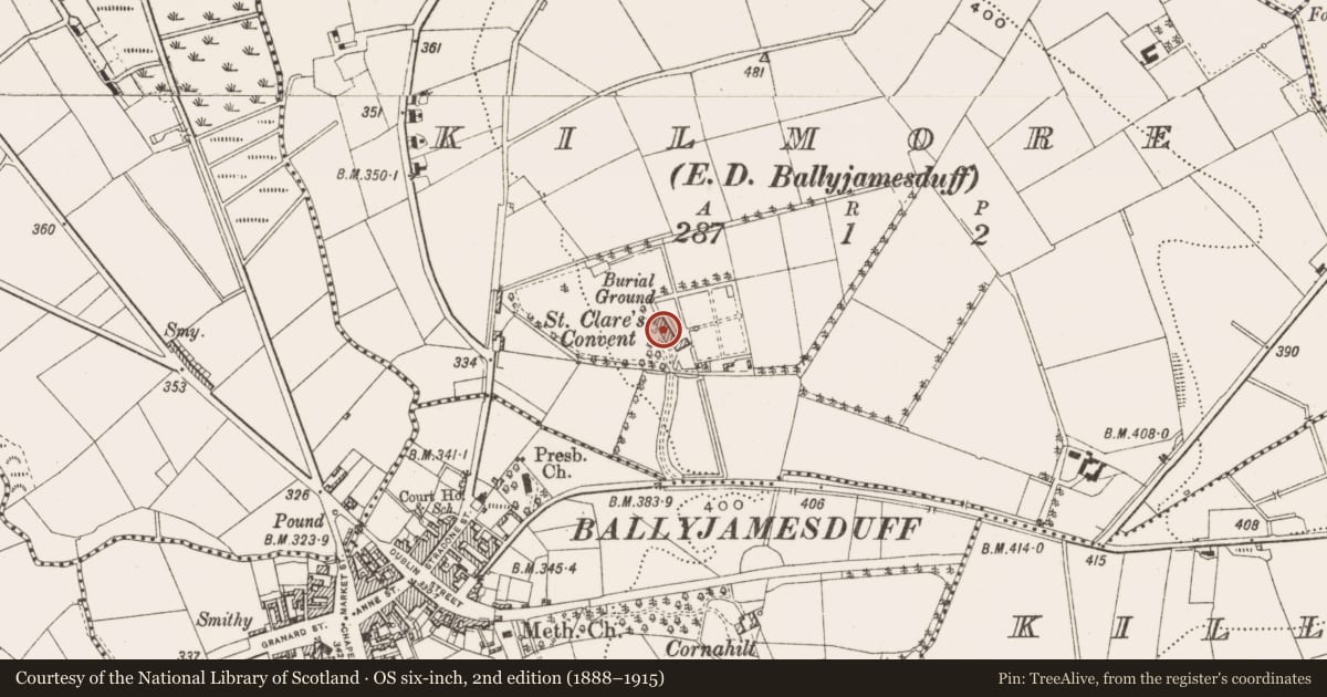 Ordnance Survey six-inch map, 2nd edition (1888–1915) covering the location of Stone sculpture - aniconic (present location), Kilmore, County Cavan, with a pin at the register's coordinates