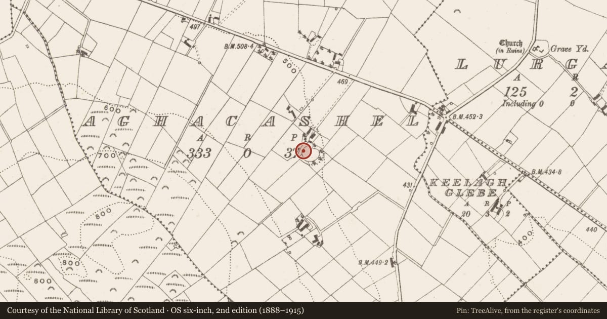 Ordnance Survey six-inch map, 2nd edition (1888–1915) covering the location of Ringfort - rath, Aghacashel, County Cavan, with a pin at the register's coordinates