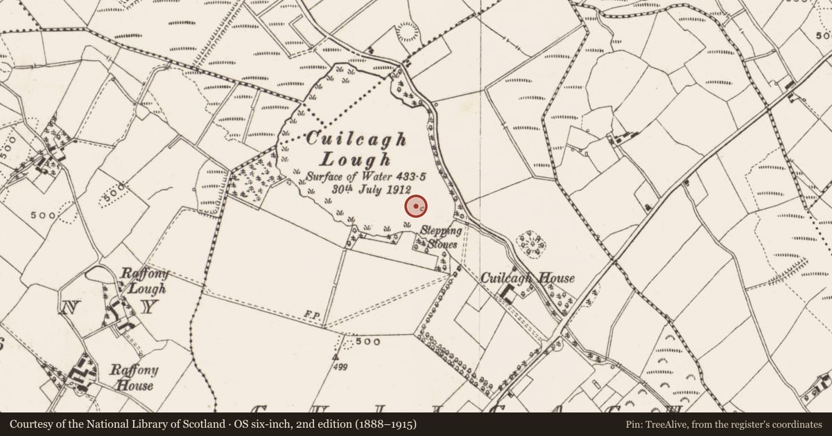 Ordnance Survey six-inch map, 2nd edition (1888–1915) covering the location of Crannog, Cuilcagh, County Cavan, with a pin at the register's coordinates