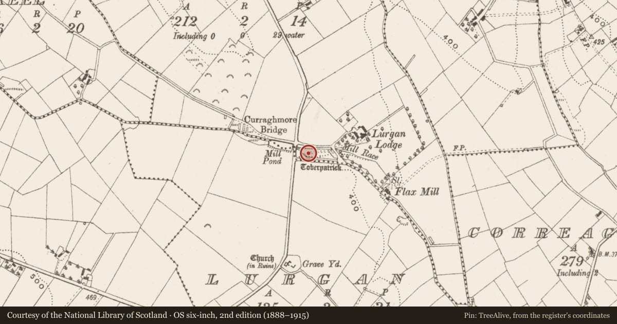 Ordnance Survey six-inch map, 2nd edition (1888–1915) covering the location of Ritual site - holy well, Curraghmore, County Cavan, with a pin at the register's coordinates
