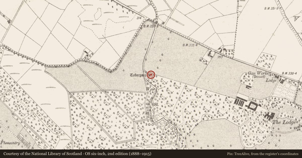 Ordnance Survey six-inch map, 2nd edition (1888–1915) covering the location of Ritual site - holy well, Deerpark, County Cavan, with a pin at the register's coordinates