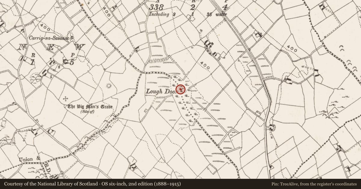 Ordnance Survey six-inch map, 2nd edition (1888–1915) covering the location of Crannog, Doon, County Cavan, with a pin at the register's coordinates