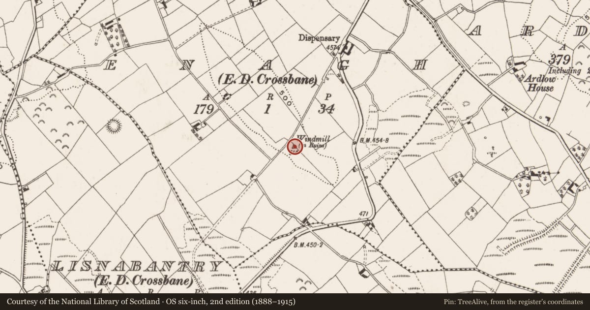 Ordnance Survey six-inch map, 2nd edition (1888–1915) covering the location of Windmill, Enagh, County Cavan, with a pin at the register's coordinates
