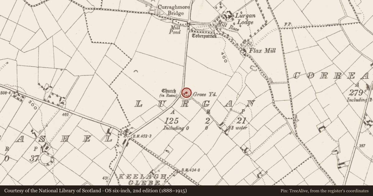 Ordnance Survey six-inch map, 2nd edition (1888–1915) covering the location of Graveyard, Lurgan, County Cavan, with a pin at the register's coordinates
