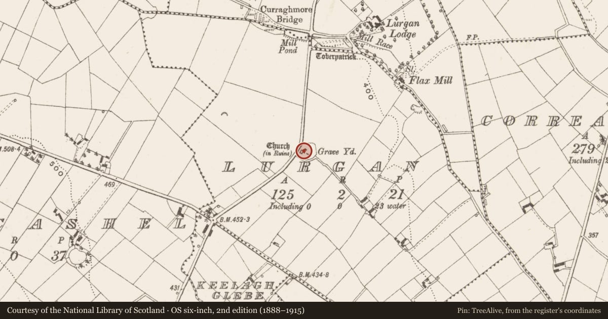 Ordnance Survey six-inch map, 2nd edition (1888–1915) covering the location of Mausoleum, Lurgan, County Cavan, with a pin at the register's coordinates