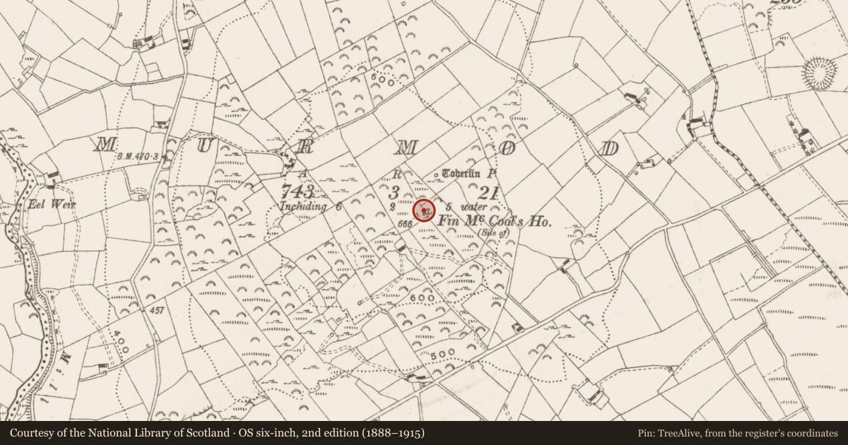 Ordnance Survey six-inch map, 2nd edition (1888–1915) covering the location of Megalithic structure, Murmod, County Cavan, with a pin at the register's coordinates