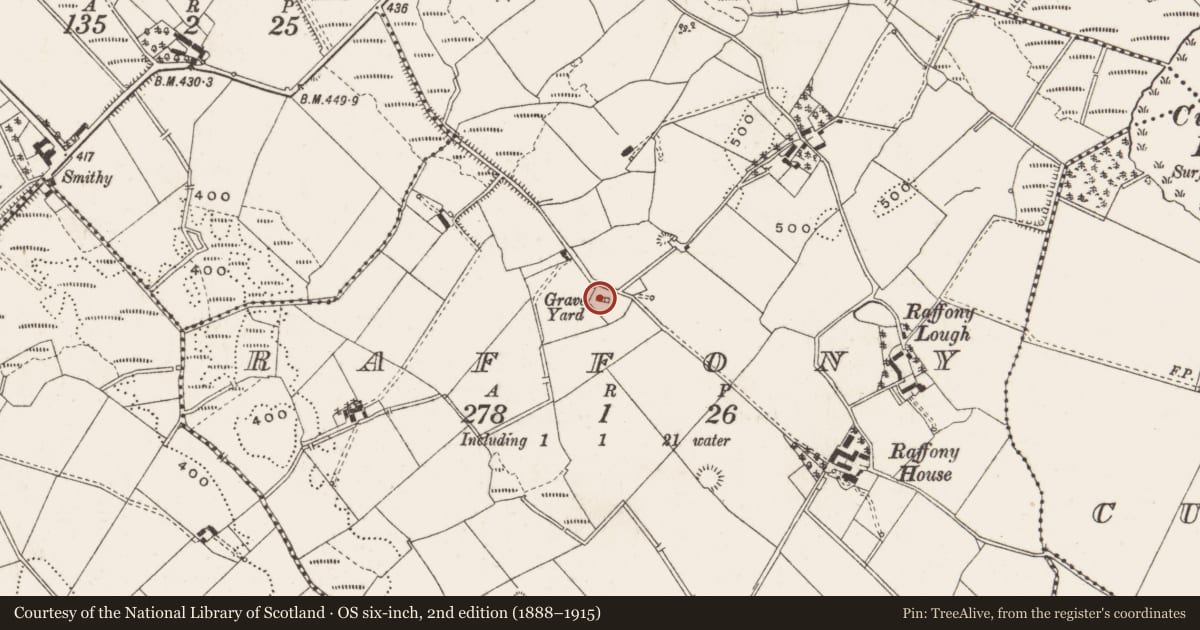 Ordnance Survey six-inch map, 2nd edition (1888–1915) covering the location of Church, Raffony, County Cavan, with a pin at the register's coordinates