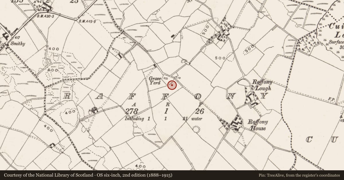 Ordnance Survey six-inch map, 2nd edition (1888–1915) covering the location of Souterrain, Raffony, County Cavan, with a pin at the register's coordinates