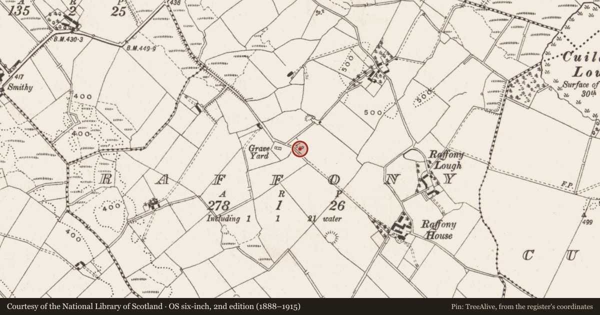 Ordnance Survey six-inch map, 2nd edition (1888–1915) covering the location of Ritual site - holy well, Raffony, County Cavan, with a pin at the register's coordinates