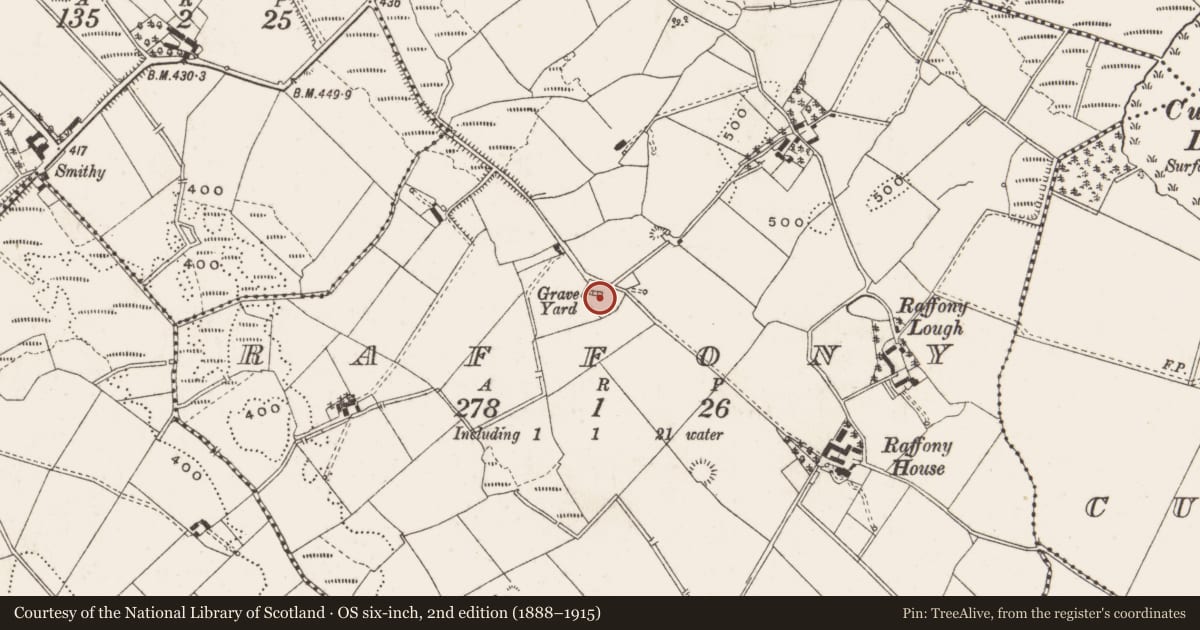Ordnance Survey six-inch map, 2nd edition (1888–1915) covering the location of Ecclesiastical enclosure, Raffony, County Cavan, with a pin at the register's coordinates