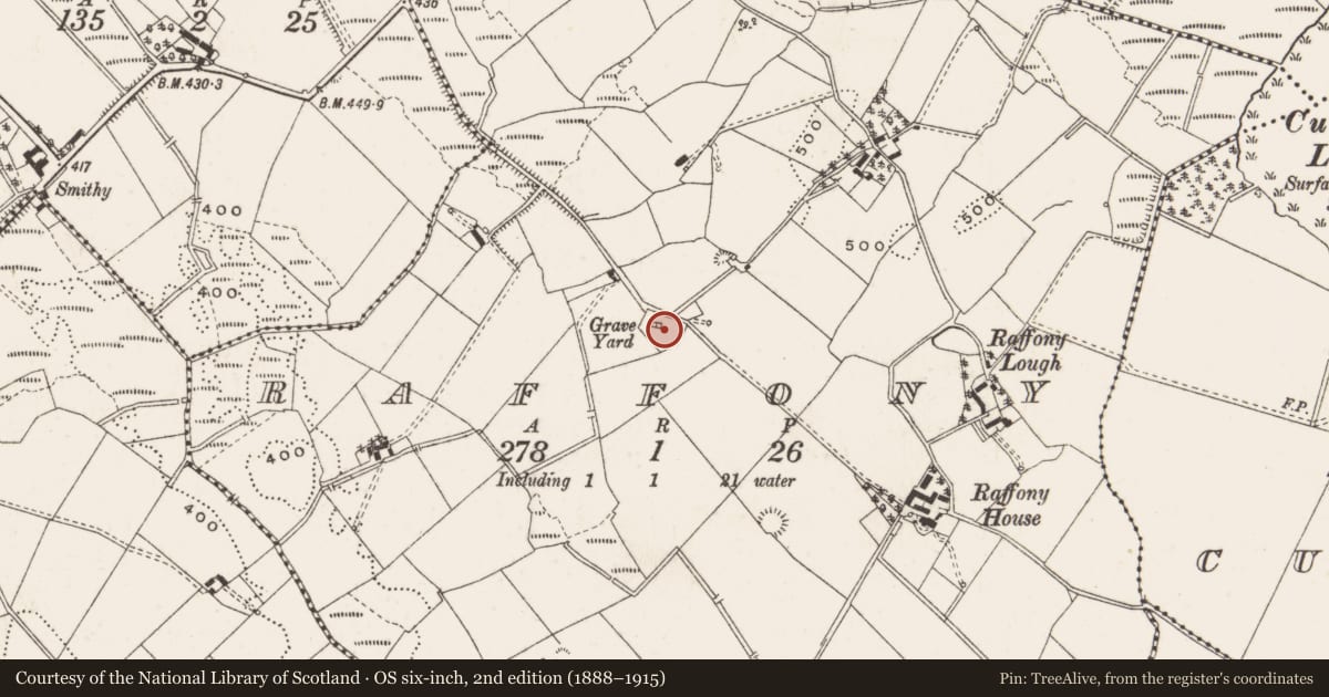 Ordnance Survey six-inch map, 2nd edition (1888–1915) covering the location of Graveyard, Raffony, County Cavan, with a pin at the register's coordinates