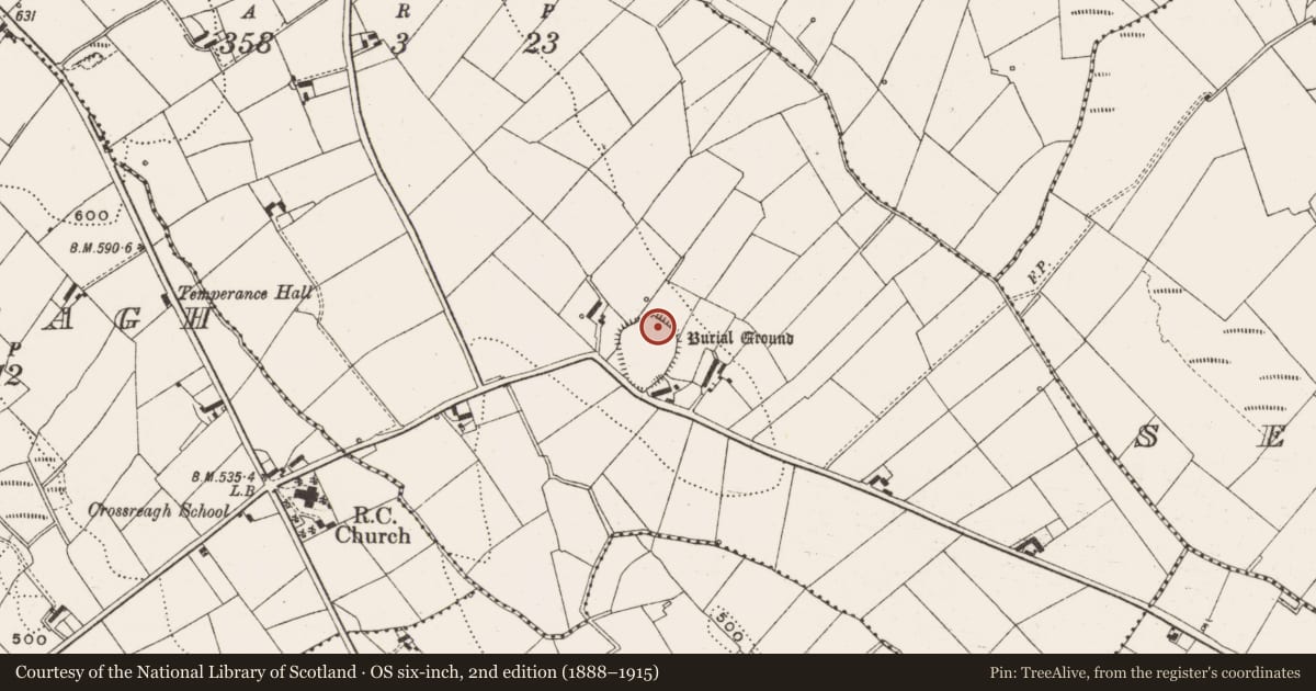 Ordnance Survey six-inch map, 2nd edition (1888–1915) covering the location of Ritual site - holy well, Crossbane, County Cavan, with a pin at the register's coordinates