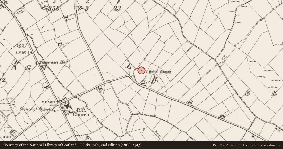 Ordnance Survey six-inch map, 2nd edition (1888–1915) covering the location of Graveyard, Crossbane, County Cavan, with a pin at the register's coordinates