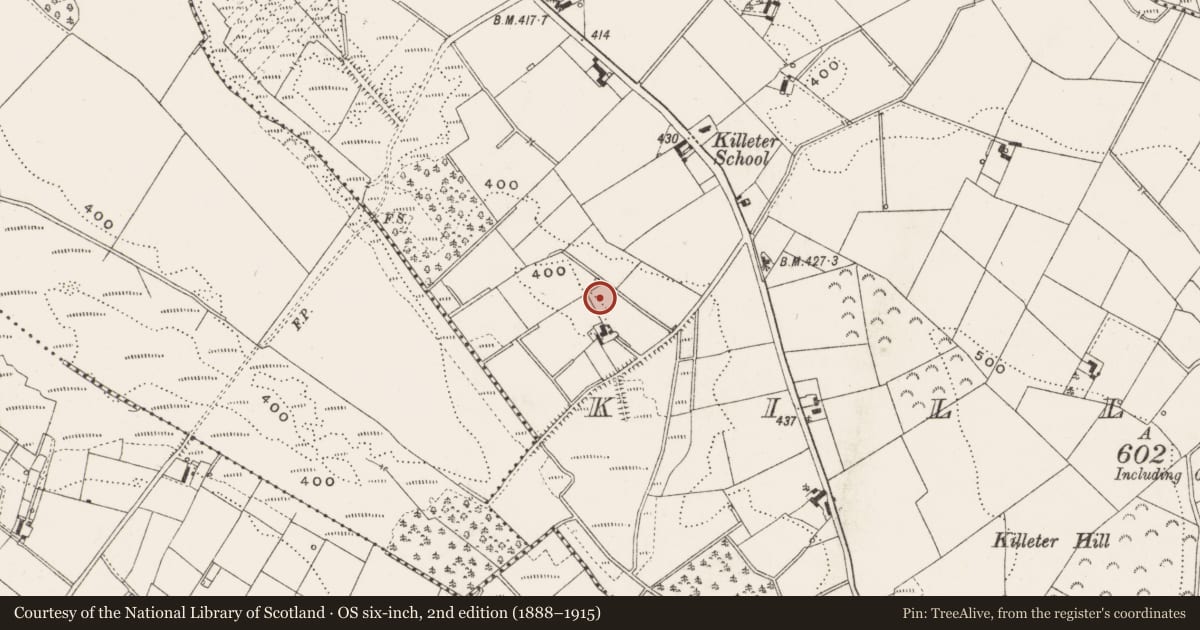 Ordnance Survey six-inch map, 2nd edition (1888–1915) covering the location of Enclosure, Killeter, County Cavan, with a pin at the register's coordinates