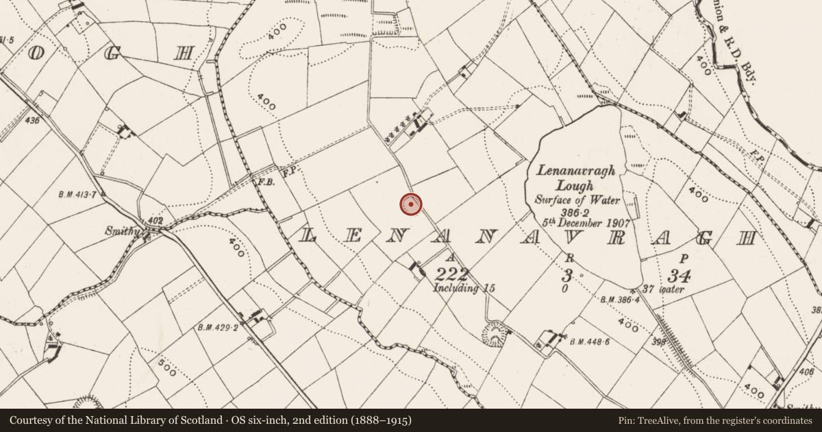 Ordnance Survey six-inch map, 2nd edition (1888–1915) covering the location of Ringfort - rath, Lenanavragh, County Cavan, with a pin at the register's coordinates