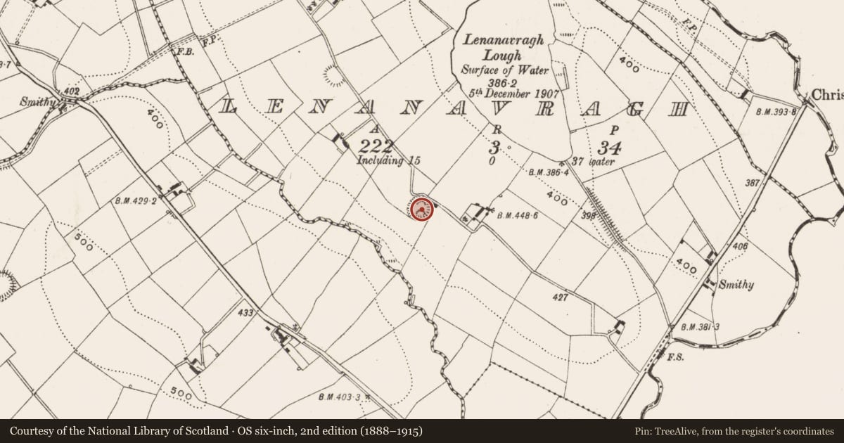 Ordnance Survey six-inch map, 2nd edition (1888–1915) covering the location of Ringfort - rath, Lenanavragh, County Cavan, with a pin at the register's coordinates