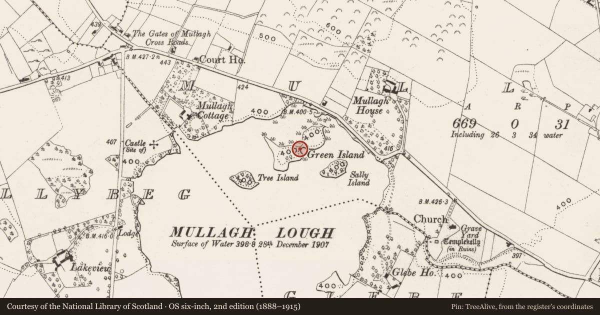 Ordnance Survey six-inch map, 2nd edition (1888–1915) covering the location of Promontory fort - inland, Mullagh, County Cavan, with a pin at the register's coordinates