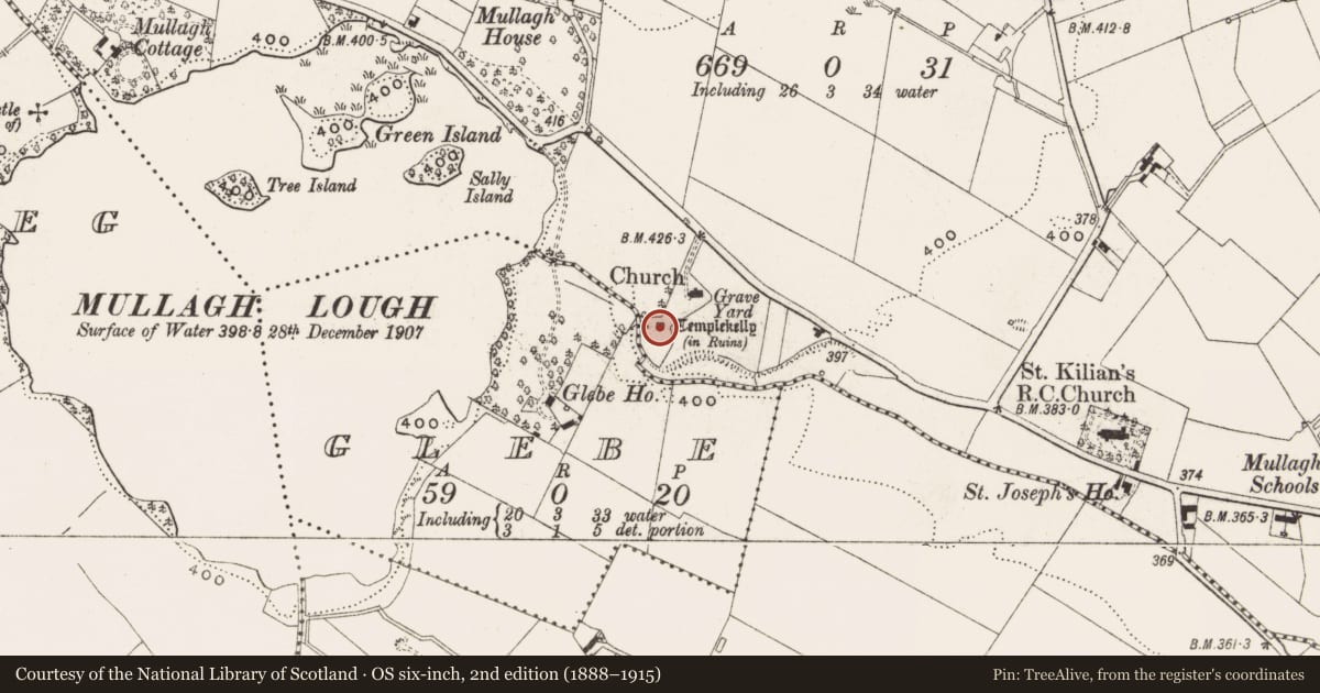 Ordnance Survey six-inch map, 2nd edition (1888–1915) covering the location of Church, Mullagh, County Cavan, with a pin at the register's coordinates