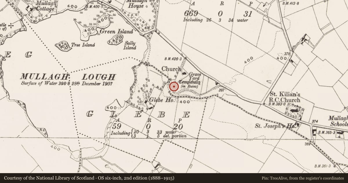 Ordnance Survey six-inch map, 2nd edition (1888–1915) covering the location of Graveyard, Mullagh, County Cavan, with a pin at the register's coordinates