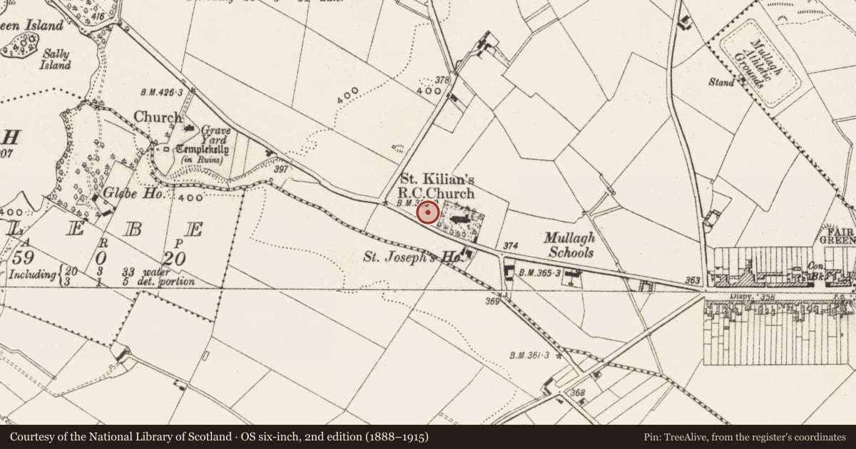 Ordnance Survey six-inch map, 2nd edition (1888–1915) covering the location of Ogham stone (present location), Mullagh, County Cavan, with a pin at the register's coordinates
