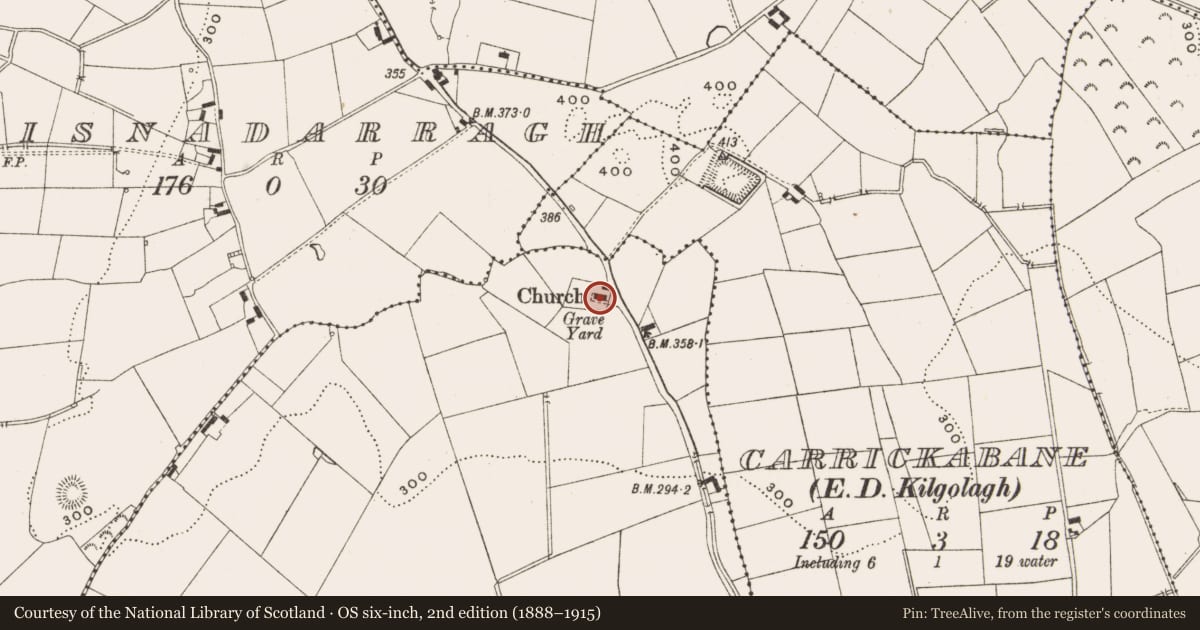 Ordnance Survey six-inch map, 2nd edition (1888–1915) covering the location of Church, Bracklagh, County Cavan, with a pin at the register's coordinates