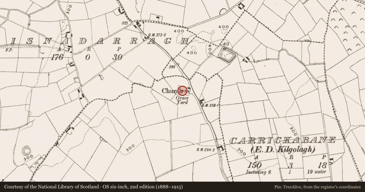 Ordnance Survey six-inch map, 2nd edition (1888–1915) covering the location of Graveyard, Bracklagh, County Cavan, with a pin at the register's coordinates