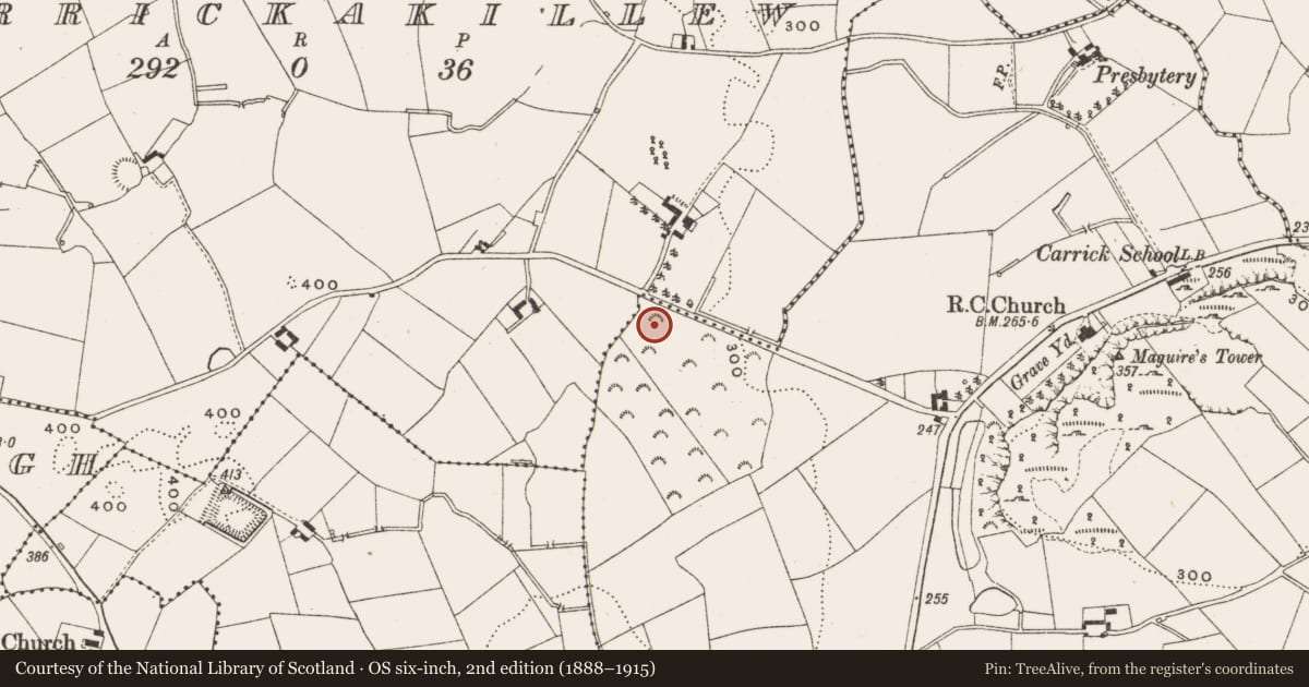 Ordnance Survey six-inch map, 2nd edition (1888–1915) covering the location of Church, Carrick, County Cavan, with a pin at the register's coordinates