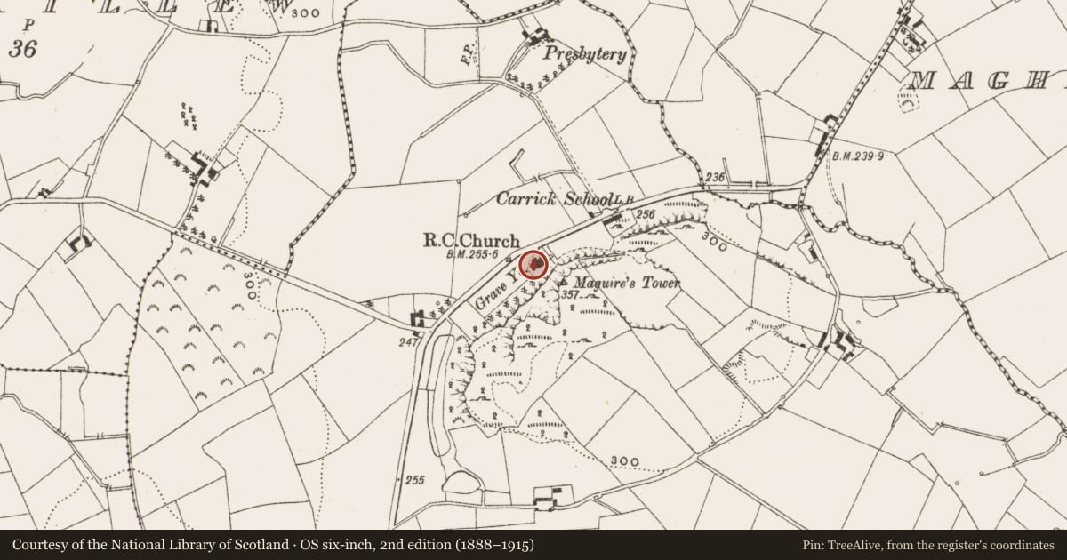 Ordnance Survey six-inch map, 2nd edition (1888–1915) covering the location of Church, Carrick, County Cavan, with a pin at the register's coordinates