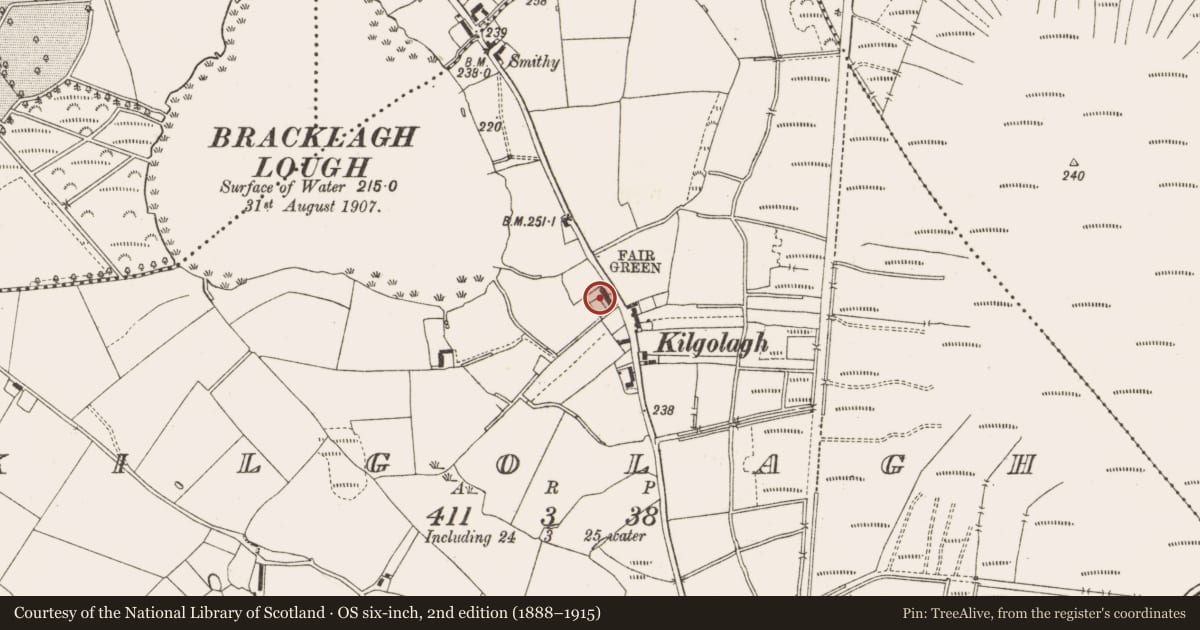 Ordnance Survey six-inch map, 2nd edition (1888–1915) covering the location of Barracks, Kilgolagh, County Cavan, with a pin at the register's coordinates