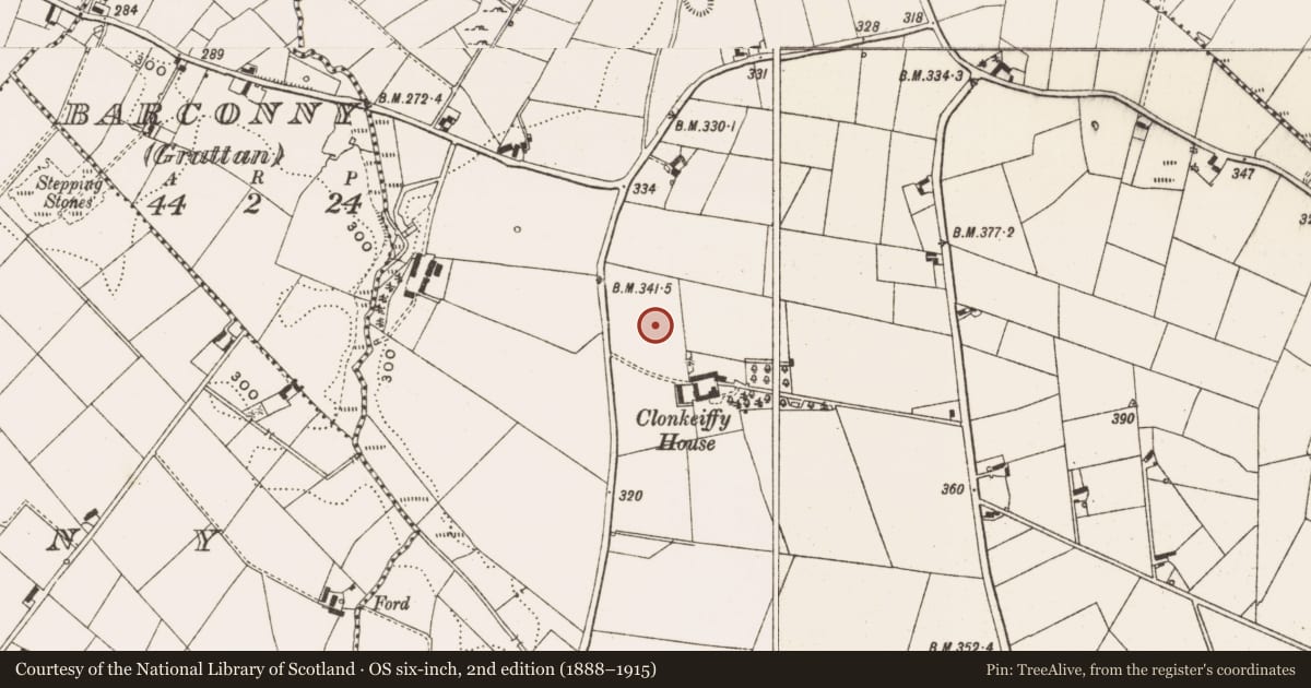 Ordnance Survey six-inch map, 2nd edition (1888–1915) covering the location of Standing stone, Clonkeiffy, County Cavan, with a pin at the register's coordinates