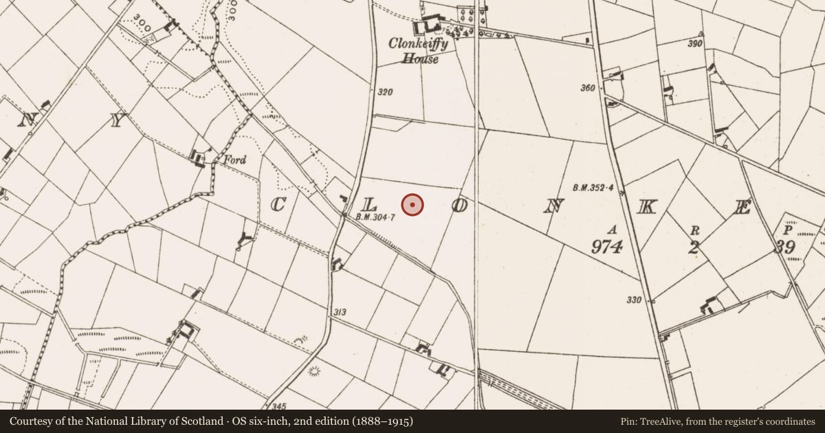 Ordnance Survey six-inch map, 2nd edition (1888–1915) covering the location of Children's burial ground, Clonkeiffy, County Cavan, with a pin at the register's coordinates