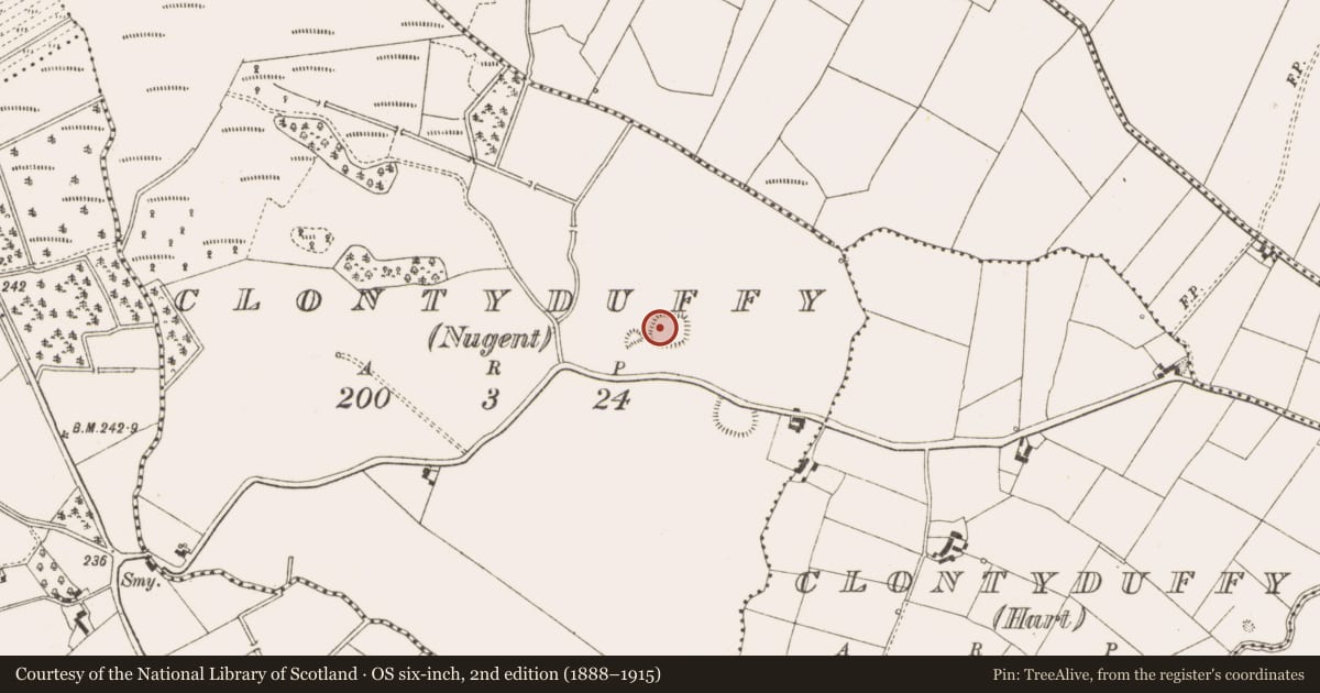 Ordnance Survey six-inch map, 2nd edition (1888–1915) covering the location of Ringfort - rath, Clontyduffy (Nugent), County Cavan, with a pin at the register's coordinates
