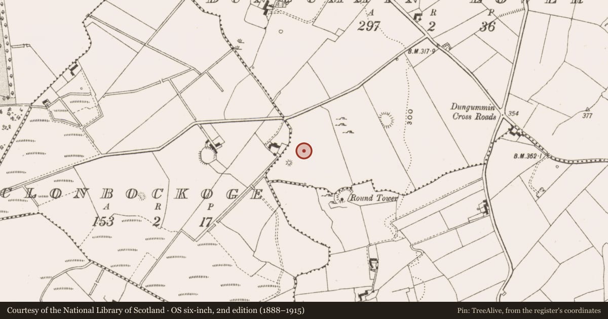 Ordnance Survey six-inch map, 2nd edition (1888–1915) covering the location of Mass-rock, Dungummin Lower, County Cavan, with a pin at the register's coordinates