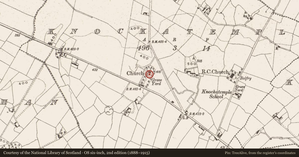 Ordnance Survey six-inch map, 2nd edition (1888–1915) covering the location of Church, Knockatemple, County Cavan, with a pin at the register's coordinates